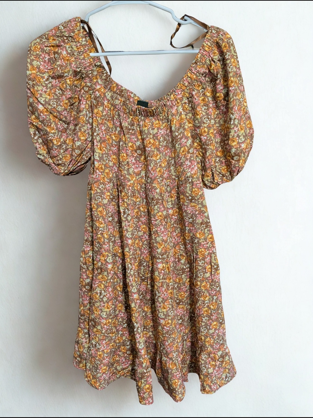 wild fable Mustard and Pink Floral Puff-Sleeve Dress